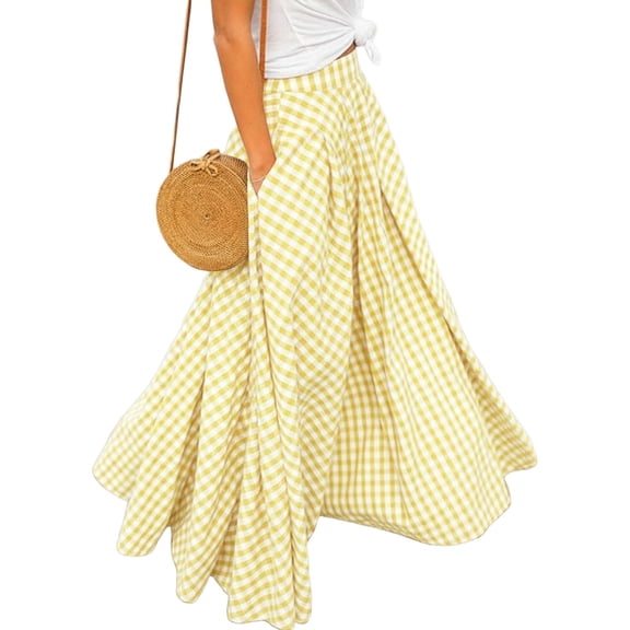 Wrongduck Women Plaid Gingham Maxi Skirt 2026 High Waist A Line Pleated Flared Long Skirt with Pockets Vintage Swing Summer Casual Skirt