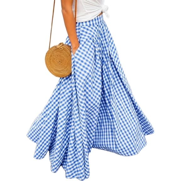 Wrongduck Women Plaid Gingham Maxi Skirt 2026 High Waist A Line Pleated Flared Long Skirt with Pockets Vintage Swing Summer Casual Skirt