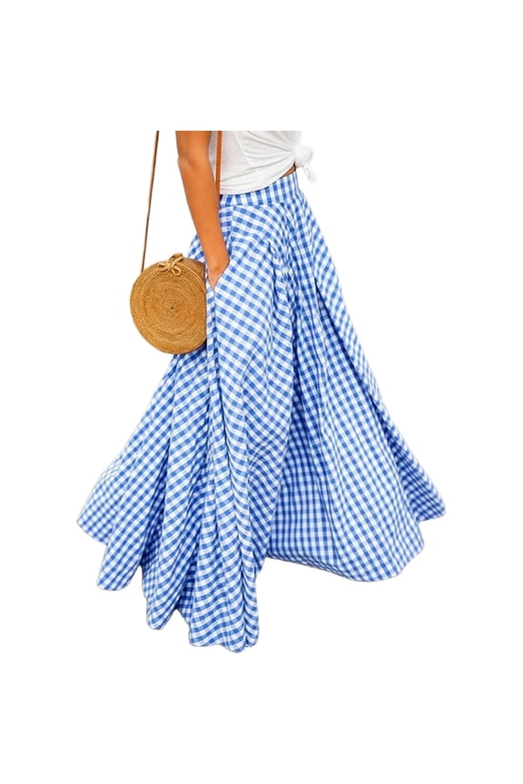 Wrongduck Women Plaid Gingham Maxi Skirt 2026 High Waist A Line Pleated Flared Long Skirt with Pockets Vintage Swing Summer Casual Skirt