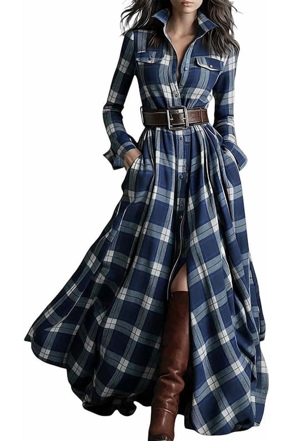 Wrongduck Women Plaid Maxi Dress Vintage Long Sleeve V Neck Button Down Shirt Dress with Belt, Flowy Checkered Ruffle Maxi Dress