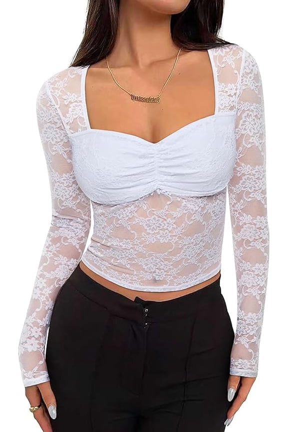 Wrongduck Women Sheer Mesh Lace Top, Long Sleeve Floral Fitted Blouse with Low Cut Neckline, Slim See Through Going Out Shirt