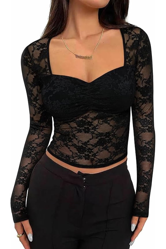 Wrongduck Women Sheer Mesh Lace Top, Long Sleeve Floral Fitted Blouse with Low Cut Neckline, Slim See Through Going Out Shirt