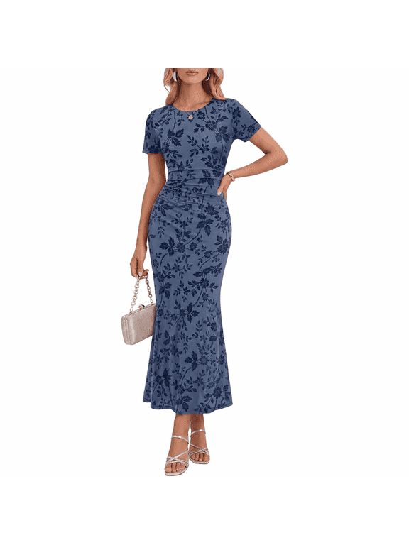 Women Summer Floral Maxi Dress 2026 Mesh Long Dress A Line Ruched Casual Beach Vacation Dress Elegant Daily Wear Outfit