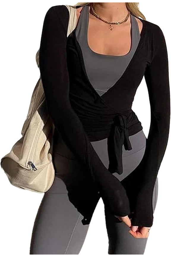 Wrongduck Women Wrap Tie Top Y2K Long Sleeve Ballet Style Shirt, V Neck Stretchy Workout Yoga Blouse Coquette Wrap Top