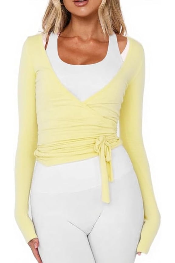 Wrongduck Women Wrap Tie Top Y2K Long Sleeve Ballet Style Shirt, V Neck Stretchy Workout Yoga Blouse Coquette Wrap Top