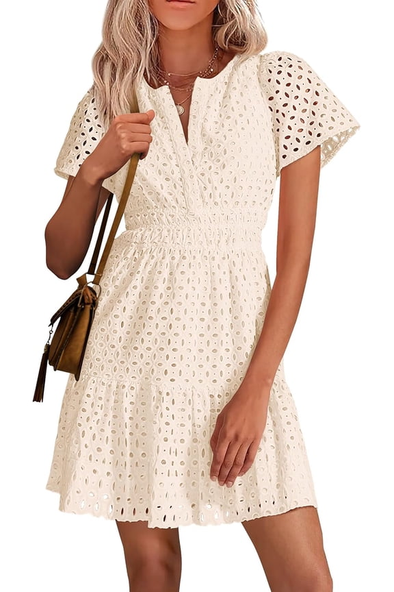 Wrongduck Women's 2026 Summer Lace Mini Dress V Neck Short Sleeve A Line Hollow Out Ruffle Hem Casual Beach Party Dress