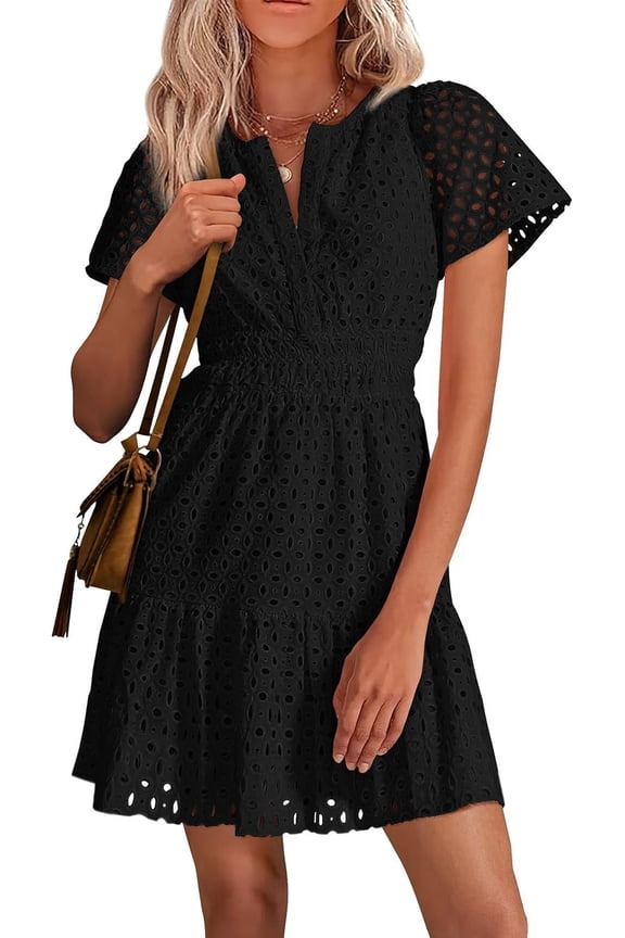 Wrongduck Women's 2026 Summer Lace Mini Dress V Neck Short Sleeve A Line Hollow Out Ruffle Hem Casual Beach Party Dress