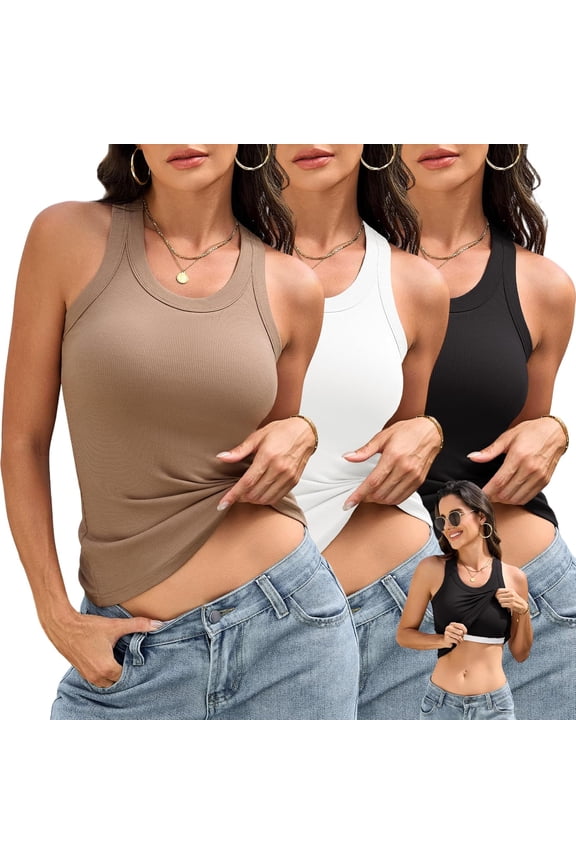 Wrongduck Women's 3 Piece Racerback Tank Top Set with Built In Bra, Ribbed Sleeveless Fitted Shirts for Casual Wear Exercise and Travel