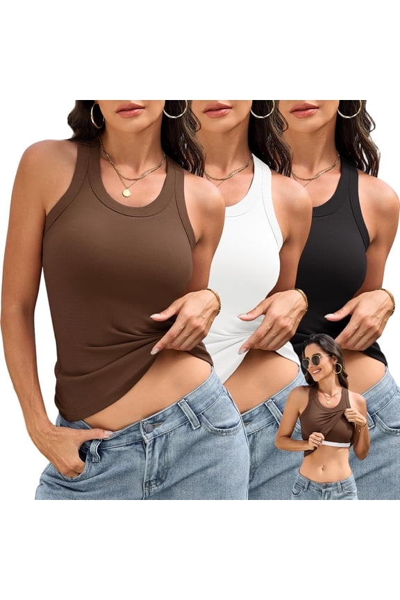 Wrongduck Women's 3 Piece Racerback Tank Top Set with Built In Bra, Ribbed Sleeveless Fitted Shirts for Casual Wear Exercise and Travel