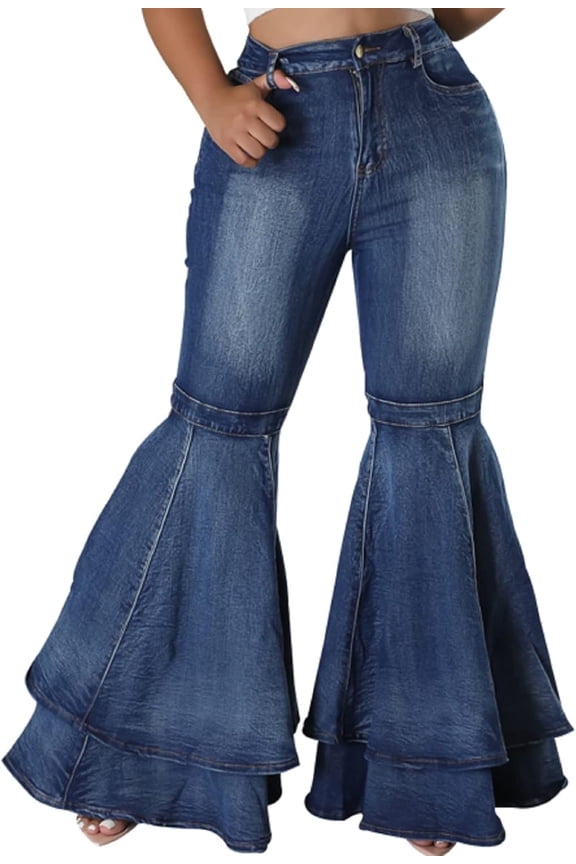 Wrongduck Women’s Bell Bottom Jeans, Elastic Waist Ripped Flared Denim Pants with Raw Hem, Vintage Five-Pocket Stretch Jeans