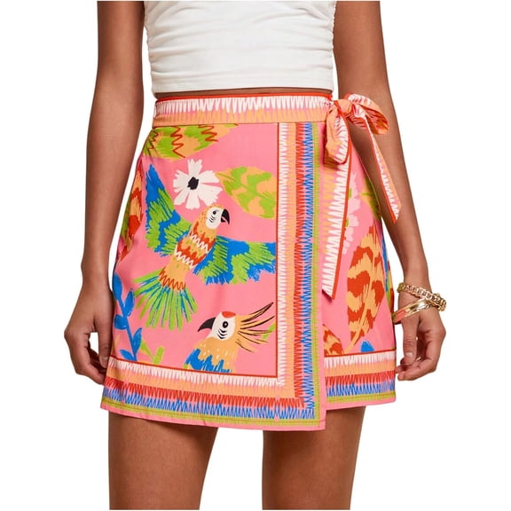 Wrongduck Women's Boho Floral Wrap Mini Skirt High Rise Tie Side Asymmetrical Beach Skirt Summer Vacation Casual Short Skirt