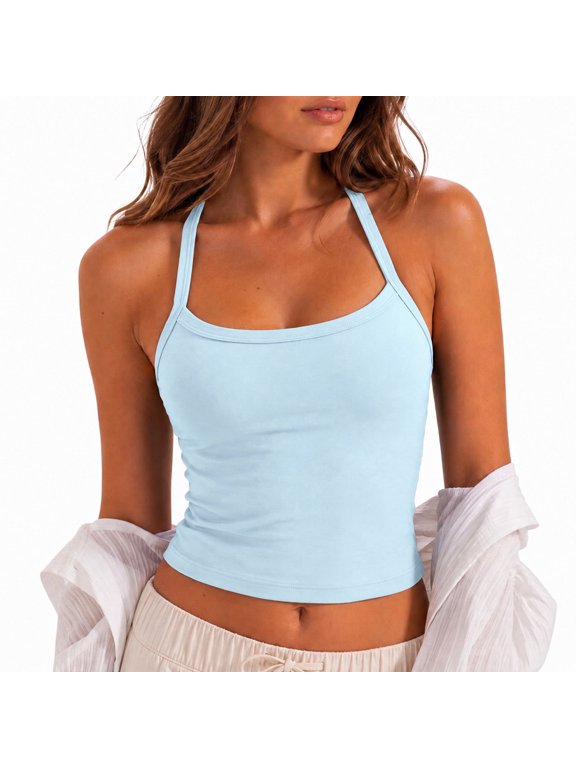 Women's Built In Bra Crop Tank Top Square Neck Spaghetti Strap Workout Yoga Cami with Removable Pads