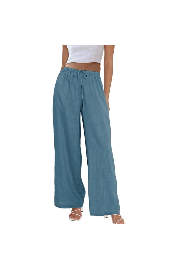 Wrongduck Women's Wide Leg Cotton Linen Pants Drawstring Elastic Waist Palazzo Trousers with Pockets for Vacation and Casual Wear