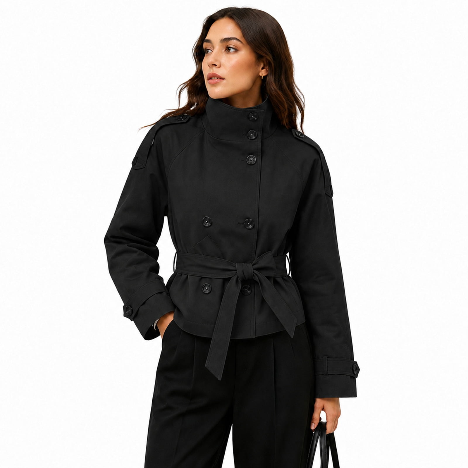 Wrongduck Women's Cropped Trench Coat Double Breasted Jacket with Belt, High Collar Lightweight Wrinkle Resistant Short Coat for Spring Fall