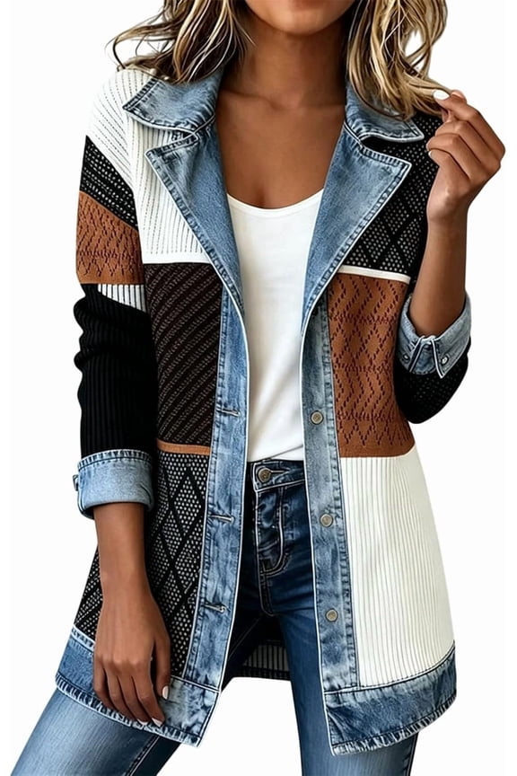 Wrongduck Women’s Denim Patchwork Shirt Jacket Loose Fit Button Down Long Sleeve Collared Shacket Casual Layered Outerwear