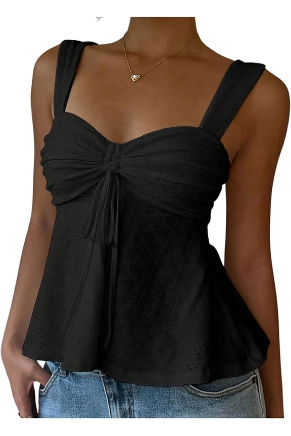 Wrongduck Women's Eyelet Embroidery Tank Top Y2K Tie Front Ruched Peplum Camisole Sleeveless Sweetheart Neck Going Out Top
