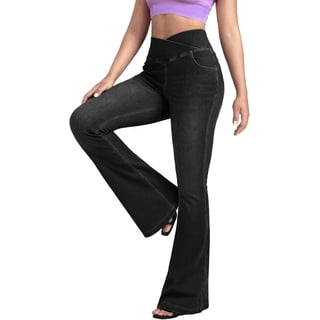 Wrongduck Women’s Flare Jeans, High Waisted Crossover Bell Bottom Knit Denim Bootcut Pants with Stretch and Pockets