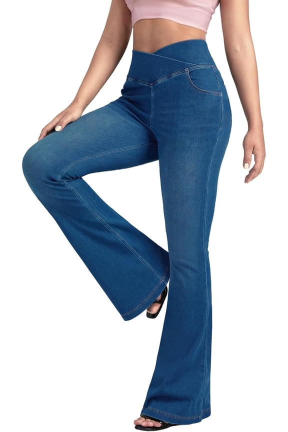 Wrongduck Women’s Flare Jeans, High Waisted Crossover Bell Bottom Knit Denim Bootcut Pants with Stretch and Pockets