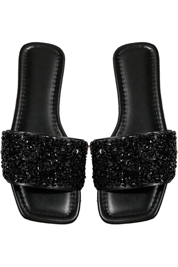 Wrongduck Women's Glitter Jeweled Slippers, Sparkly Pearl Beaded Flat Sandals, Open Toe Slip-On Slide Shoes for Summer Vacation Casual Wear