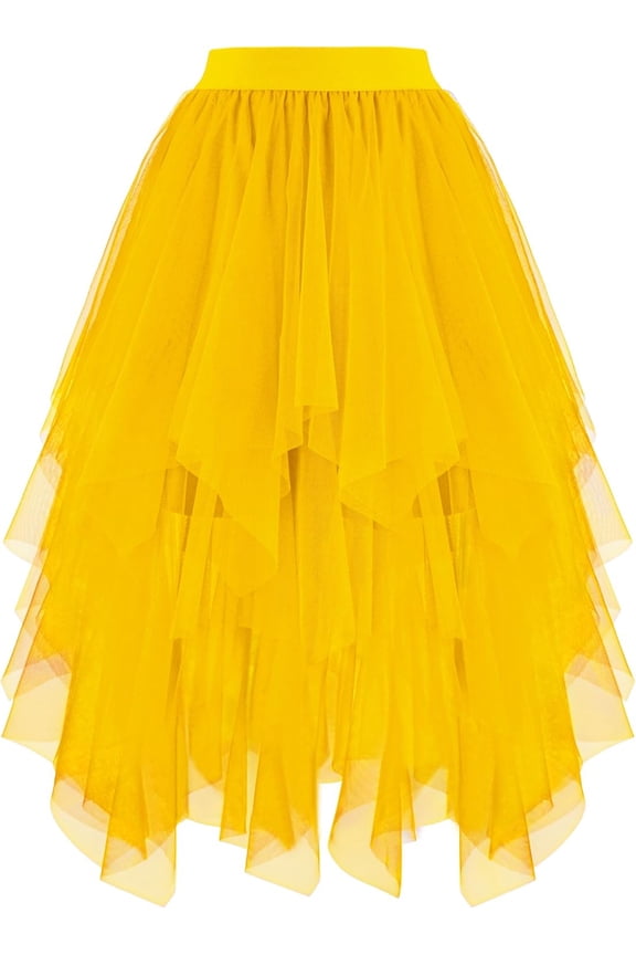 Wrongduck Women's High Low Tulle Midi Skirt Layered Fairy Tutu Skirt High Waist Puffy Mesh Skirt Irregular Hem Party Wedding Cosplay Dress Skirt
