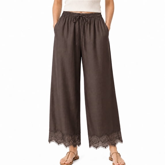 Wrongduck Women's Lace Trim Wide Leg Pants, Cropped Palazzo Trousers with Drawstring Elastic Waist and Pockets, Lightweight Summer Casual Lounge Pants