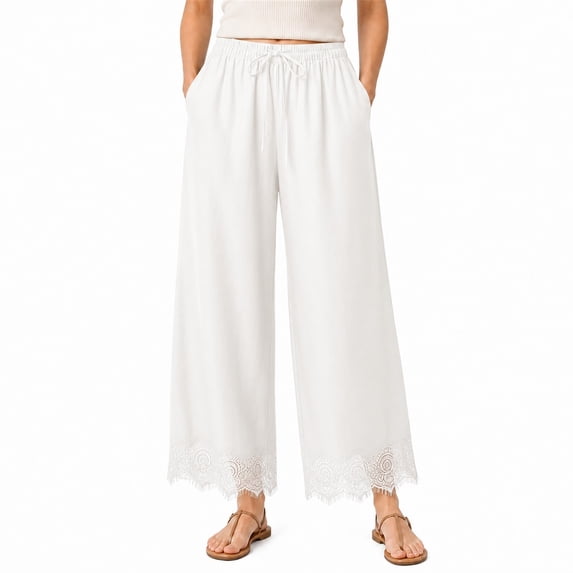 Wrongduck Women's Lace Trim Wide Leg Pants, Cropped Palazzo Trousers with Drawstring Elastic Waist and Pockets, Lightweight Summer Casual Lounge Pants