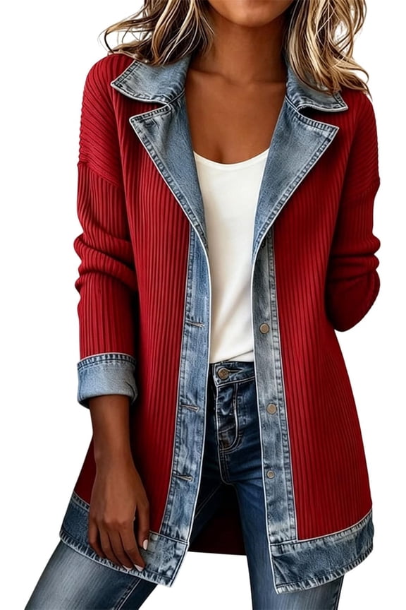 Wrongduck Women’s Loose Denim Patchwork Jacket Long Sleeve Button Down Collared Shacket Casual Everyday Outerwear