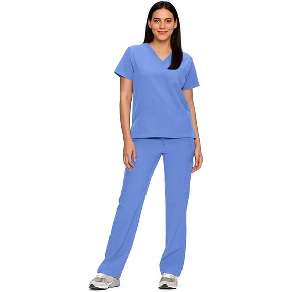 Wrongduck Women’s Medical Scrubs Set V-Neck Top and Straight-Leg Pants, 11 Pockets, Stretchy Easy-Care Fabric, Professional Workwear Uniform