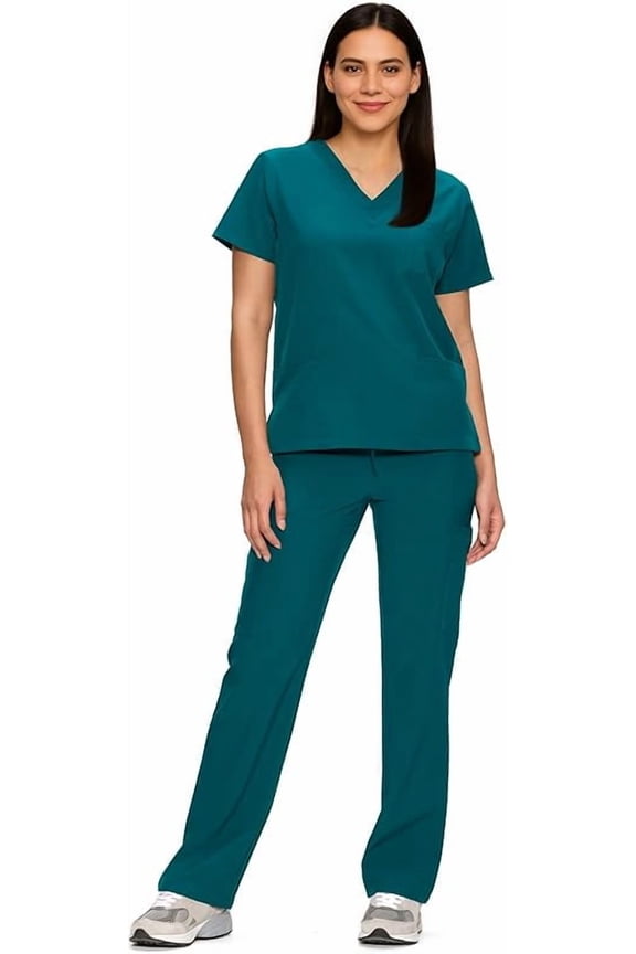 Wrongduck Women’s Medical Scrubs Set V-Neck Top and Straight-Leg Pants, 11 Pockets, Stretchy Easy-Care Fabric, Professional Workwear Uniform