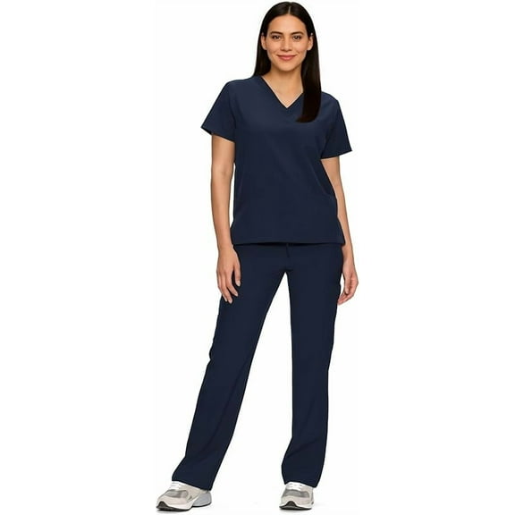 Wrongduck Women’s Medical Scrubs Set V-Neck Top and Straight-Leg Pants, 11 Pockets, Stretchy Easy-Care Fabric, Professional Workwear Uniform