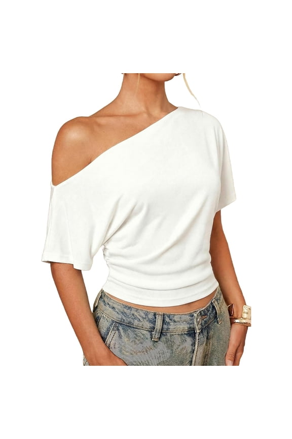 Wrongduck Women's Off Shoulder Crop Top Ruched Short Sleeve Asymmetrical T Shirt Casual Going Out Slim Fit Blouse