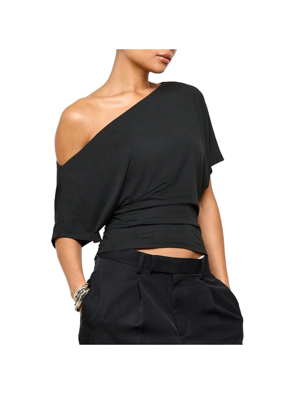 Women's Off Shoulder Crop Top Ruched Short Sleeve Asymmetrical T Shirt Casual Going Out Slim Fit Blouse