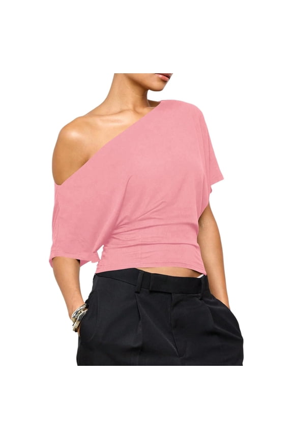 Wrongduck Women's Off Shoulder Crop Top Ruched Short Sleeve Asymmetrical T Shirt Casual Going Out Slim Fit Blouse