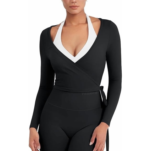 Wrongduck Women’s Pilates Wrap Top, Long Sleeve Tie Ballet Shirt with Wide V-Neck, Stretchy Cropped Workout Yoga Top, Reversible Y2K Wrap Design