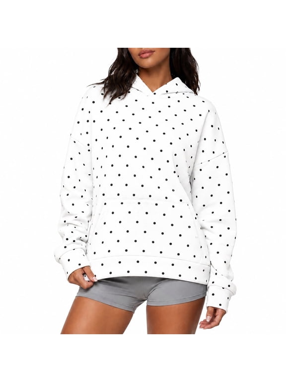 Women's Polka Dot Hoodie, Oversized Fleece Lined Pullover Sweatshirt, Long Sleeve Drop Shoulder Top with Front Pocket