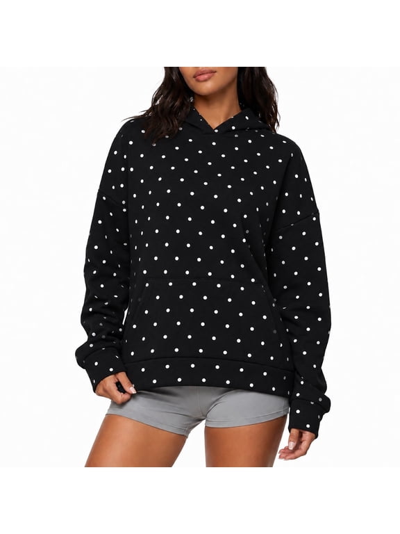 Women's Polka Dot Hoodie, Oversized Fleece Lined Pullover Sweatshirt, Long Sleeve Drop Shoulder Top with Front Pocket