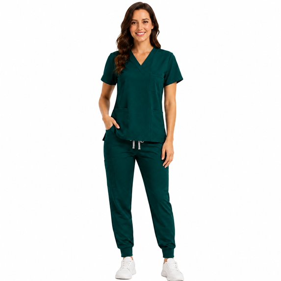 HIOK Women's Scrubs Set, V Neck Short Sleeve Top Jogger Pants with 6 Pockets, Adjustable Waist Stretch Uniform Workwear Outfit