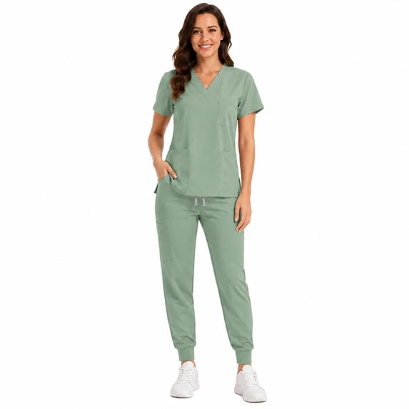 HIOK Women's Scrubs Set, V Neck Short Sleeve Top Jogger Pants with 6 Pockets, Adjustable Waist Stretch Uniform Workwear Outfit