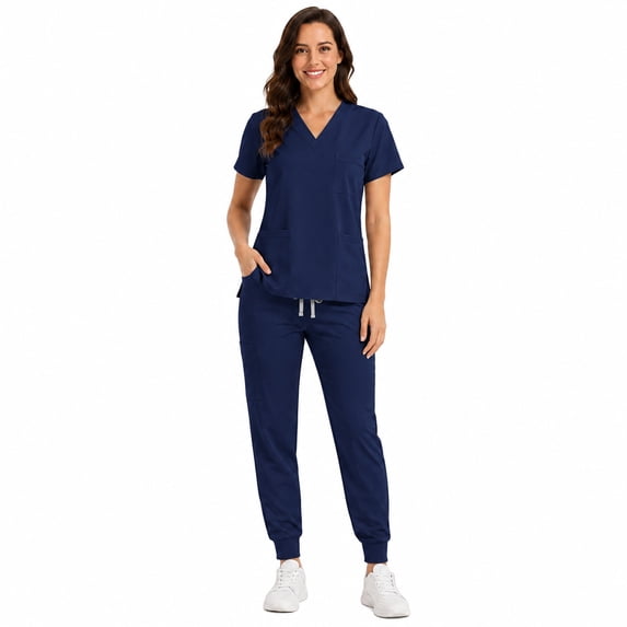 HIOK Women's Scrubs Set, V Neck Short Sleeve Top Jogger Pants with 6 Pockets, Adjustable Waist Stretch Uniform Workwear Outfit