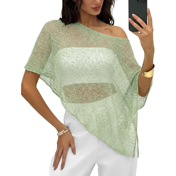 Wrongduck Women's Sheer Poncho Shrug Lightweight Crochet Knit Cover Up, Summer Mesh Bolero Shawl Wrap for Beach Vacation Evening Dress Layer