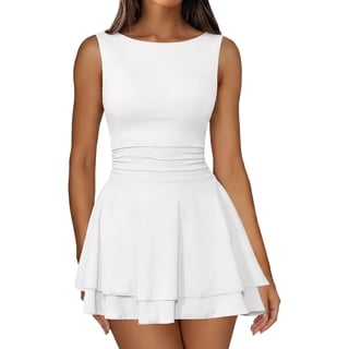 Wrongduck Women's Sleeveless Boat Neck Mini Dress with Ruched Waist and Tiered Ruffle Hem, Flowy A Line Party Dress for Spring Summer