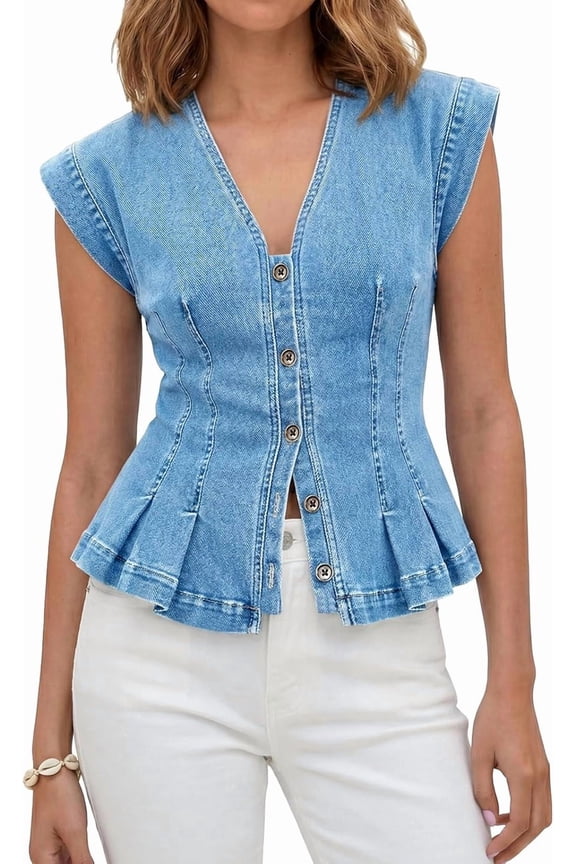 Wrongduck Women's Sleeveless Denim Vest Top V Neck Button Front Pleated Hem Fitted Casual Summer Y2K Shirt