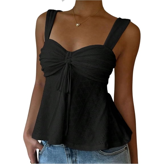 Wrongduck Women's Sleeveless Eyelet Tank Top Sweetheart Neck Tie Front Ruched Peplum Y2K Fashion Going Out Top