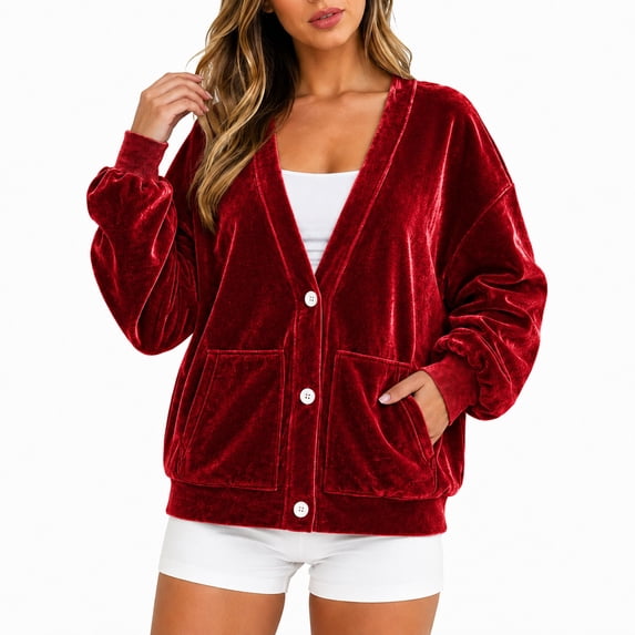 Wrongduck Women's Velvet Cardigan Jacket Lightweight Button Front Long Sleeve Casual Sweater Coat with Pockets Spring Fall Layering Top
