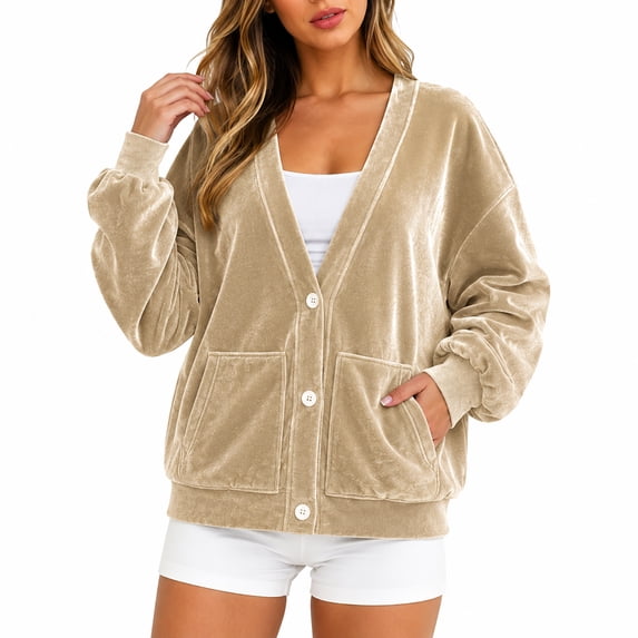 Wrongduck Women's Velvet Cardigan Jacket Lightweight Button Front Long Sleeve Casual Sweater Coat with Pockets Spring Fall Layering Top