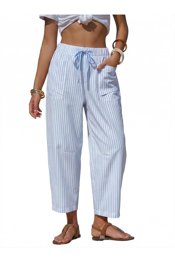 Wrongduck Women's Wide Leg Barrel Capri Trousers, Faux Linen Striped Casual Pants with Drawstring Waist and Pockets for Resort Vacation Wear
