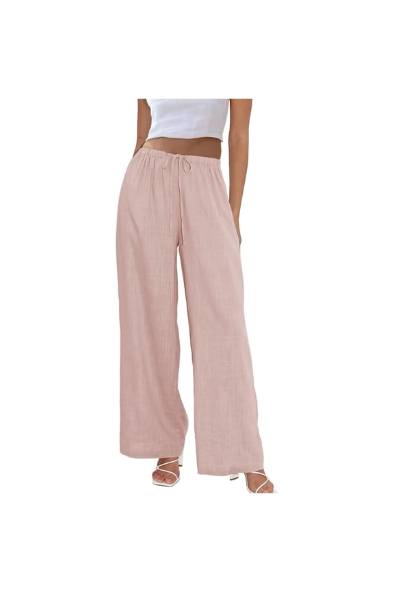 Wrongduck Women's Wide Leg Cotton Linen Pants Drawstring Elastic Waist Palazzo Trousers with Pockets for Vacation and Casual Wear