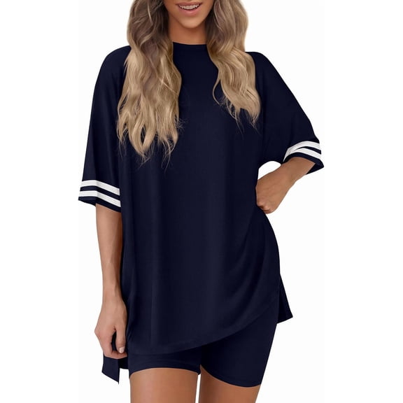 Wrongduck Womens 2 Piece Lounge Set 2026 Oversized T Shirt and Biker Shorts Matching Travel Outfit Summer Clothing