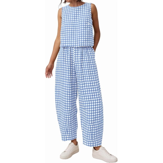 Wrongduck Womens Cotton 2 Piece Set Plaid Sleeveless Top Wide Leg Pants Summer Lounge Outfit Matching Vacation Travel Casual Outfit 2026