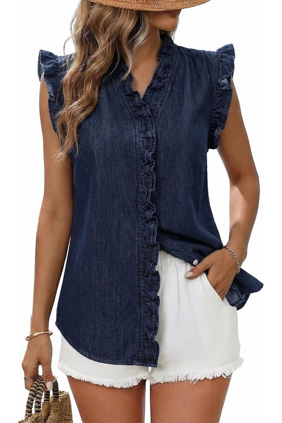 Womens Denim Vest Top Summer Sleeveless Button Down V Neck Peplum Jean Vest Casual Ruffle Denim Shirt